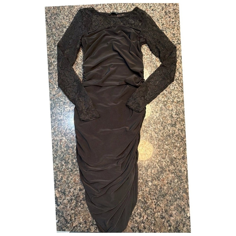 Venus Womens Black Lace Long‎ Sleeve Ruched Bodycon Cocktail Dress Cutout Detail